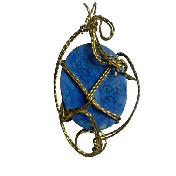 Vintage Blue Gemstone Cabochon Pendant Wire Wrapped 2" x 2" - Picture 5 of 7